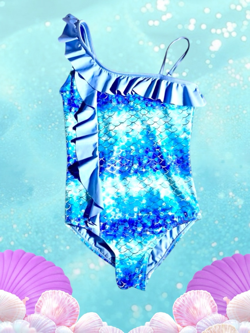 Justice Girls Metallic Blue Mermaid One‑Shoulder One‑Piece Swimsuit 10